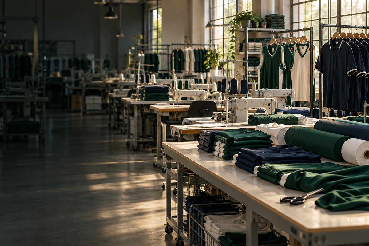 Illustrative garment factory with sewing stations, fabric and racks of uniforms and jerseys