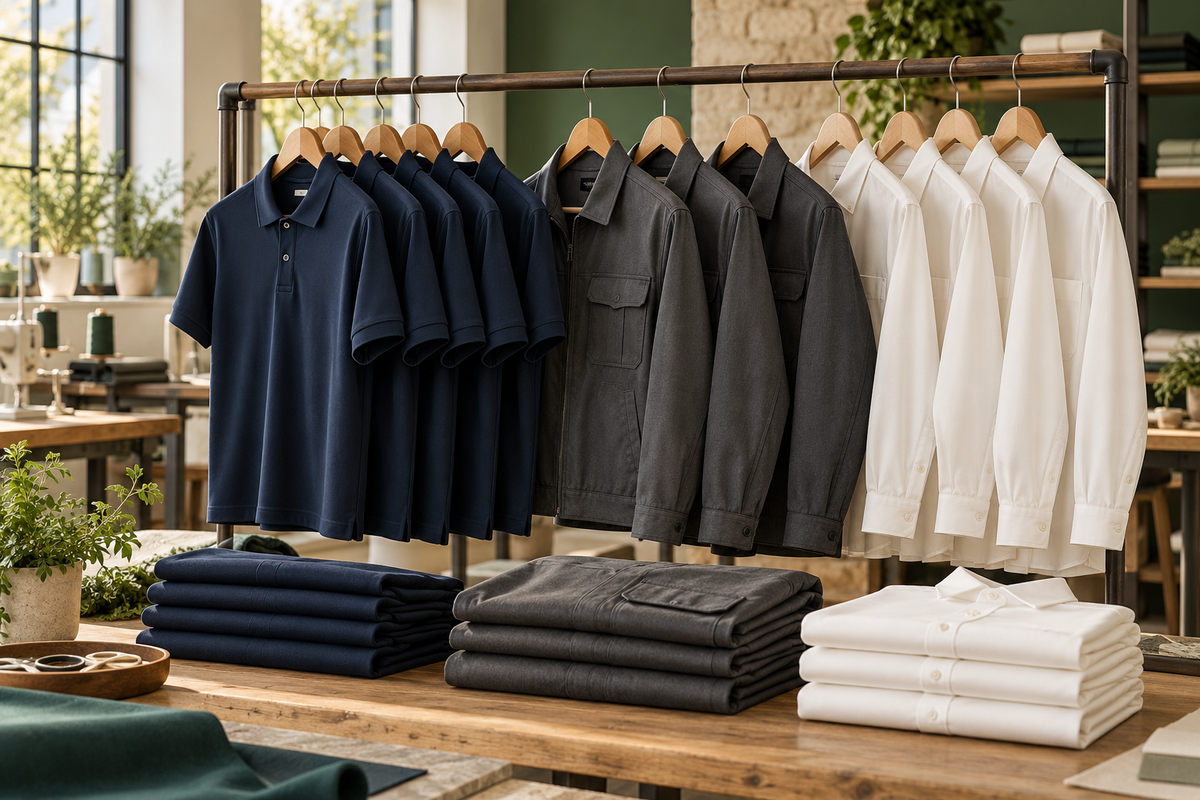 Illustrative business and hospitality uniforms displayed in a garment workshop