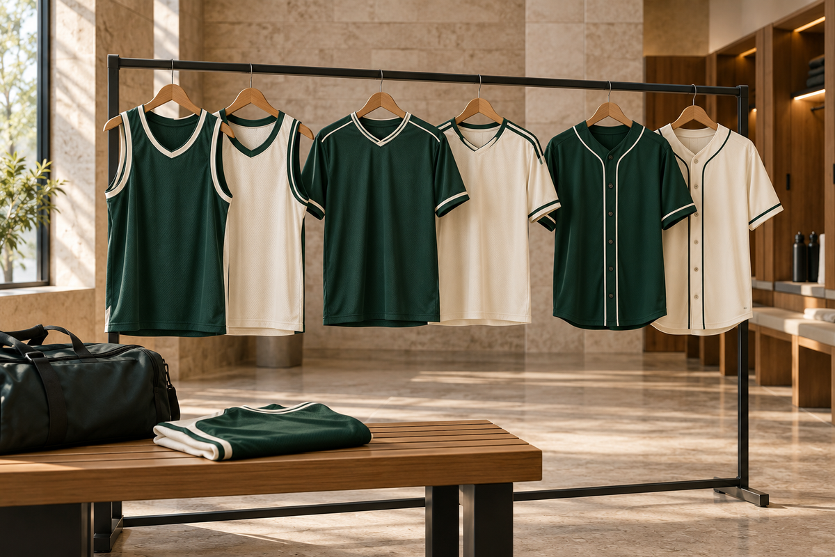 Illustrative basketball, soccer and baseball jerseys displayed in a locker room